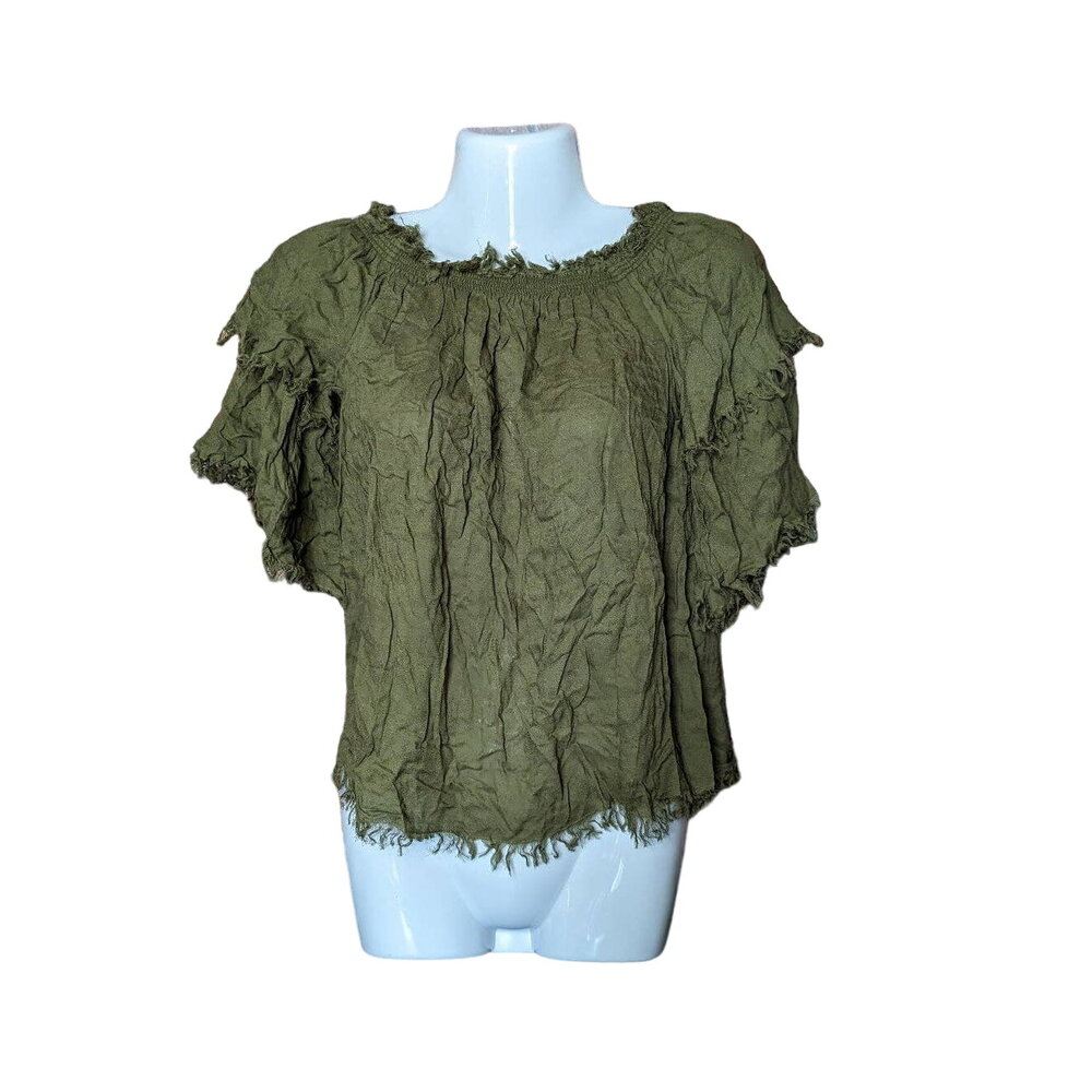 NWT Chaser Olive Flare 3/4 Sleeves Fringe Boho Blouse Size M